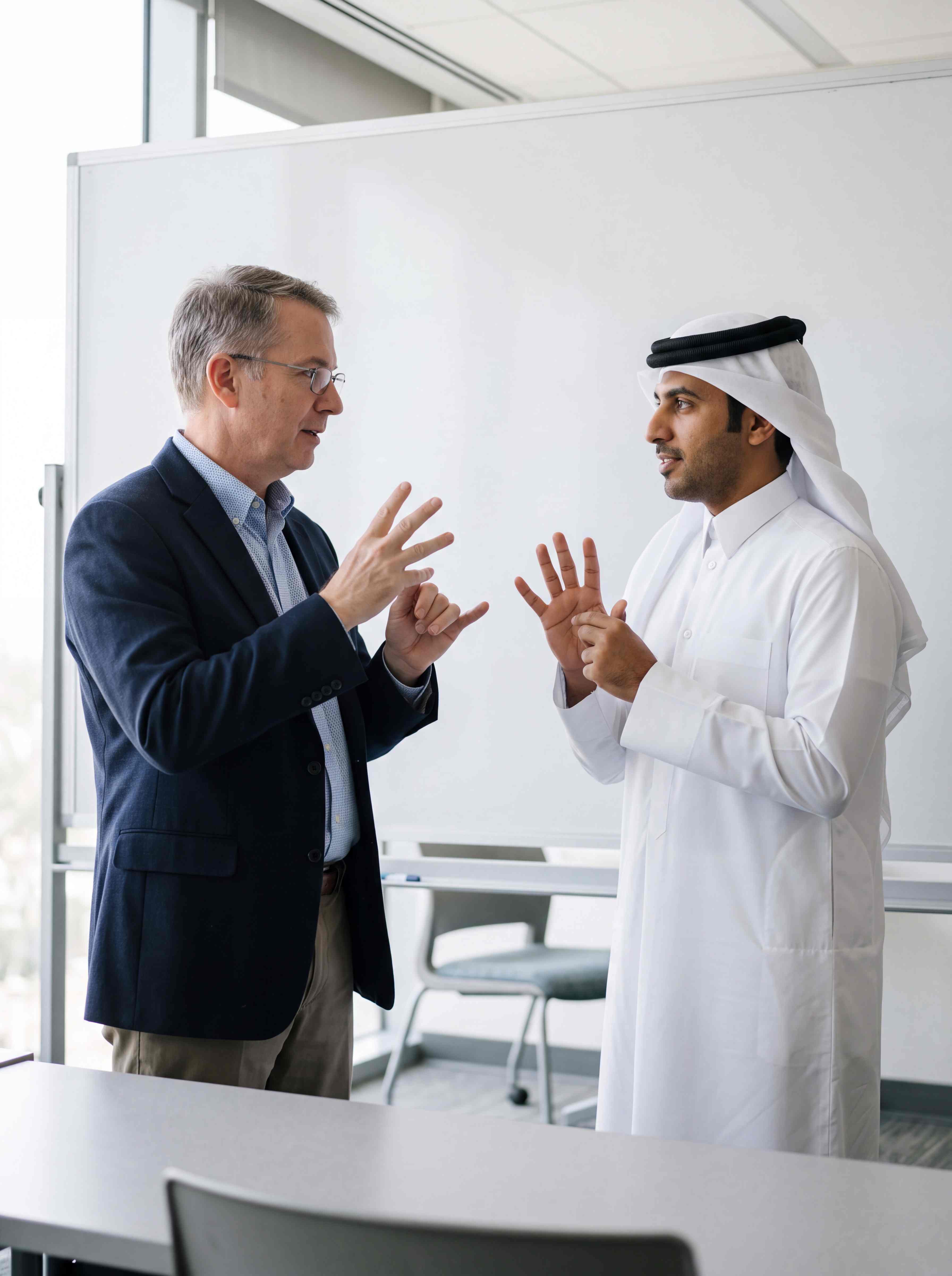 Two men holding a conversation in sign language in a meeting room